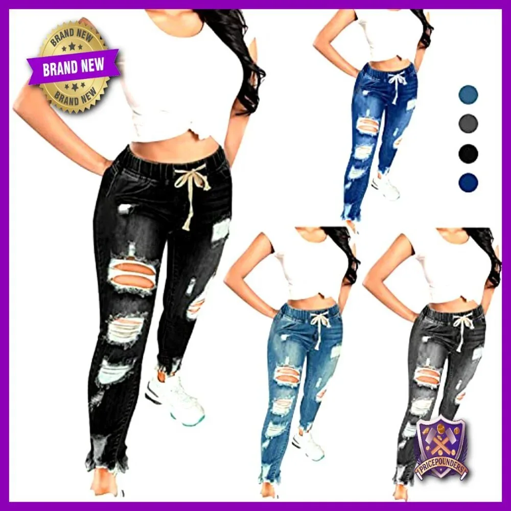 High Waist Skinny Ripped Jeans Stretch Denim Plus Size Casual Pants